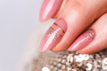 Nails Design. Hands With Bright Nude Manicure On Grey Background. Close Up Of Female Hands. Art Nail.