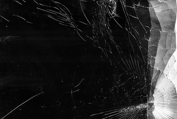 Shattered glass texture. Broken windshield. Black fractured window with white dirt dust.