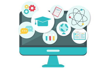 Online education concept. Icons for education, online learning infographics design, web elements, Chemistry, geography, mathematics school subjects. Vector illustration in flat style. 