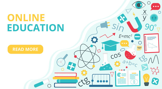 	
Landing page or banner template. Online education concept. Icons for education, infographics design, web elements, School subjects. Vector illustration in flat style