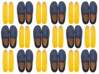 Seamless pattern. Pare blue slip-on casual male shoes with brown welt and beige sole on white background. Isolated on white. Use for print, t-shirts, textile, printing on brown paper, advertising