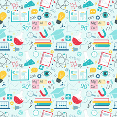 Education seamless background. Back to school seamless pattern. Physics, chemistry, mathematics school subjects. Vector illustration in flat style