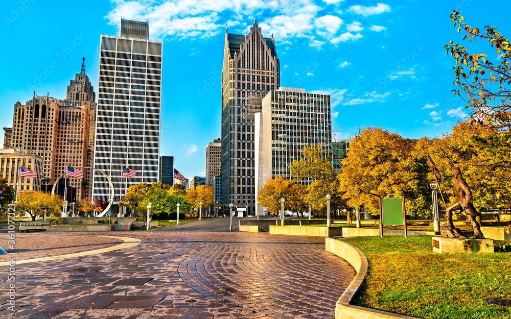 Poster downtown detroit skyline from hart plaza - michigan, united states