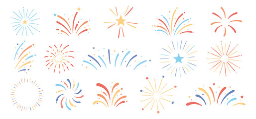 Vector hand drawn fireworks set. Festive fireworks for holiday, New Year, party, Christmas, birthday, carnival, Independence day. Celebration firework isolated on white background