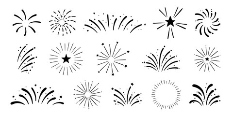 Vector hand drawn fireworks set. Festive fireworks for holiday, New Year, party, Christmas, birthday, carnival, Independence day. Celebration firework isolated on white background
