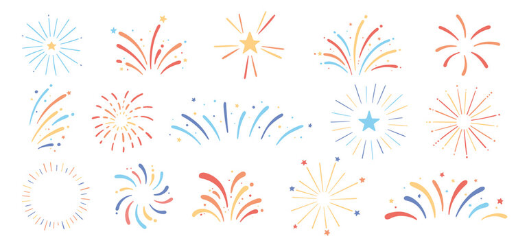 Vector hand drawn fireworks set. Festive fireworks for holiday, New Year, party, Christmas, birthday, carnival, Independence day. Celebration firework isolated on white background
