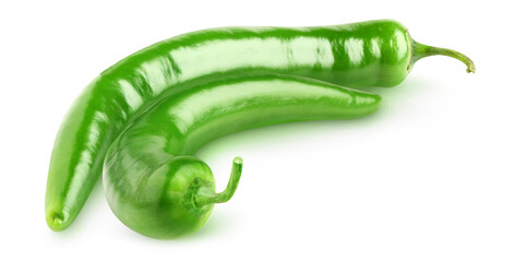 Hot green peppers of curved shape isolated on white background with clipping path