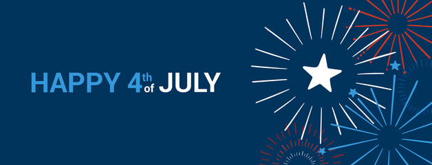 USA Independence Day. 4th of July. Festive vector banner with hand drawn fireworks and stars in red, blue, white. Greeting poster, celebration vector illustration