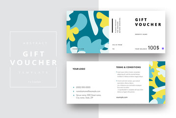 Abstract gift voucher card template. Modern discount coupon or certificate layout with geometric shape pattern. Vector fashion bright background design with information sample text.