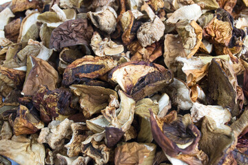 Background of dried mushrooms. Porcini mushrooms, aspen, boletus.