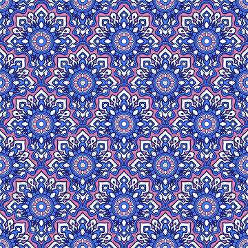 Seamless oriental pattern. Geometric tiles with mandala. Vector laced Persian carpet. Indian, Arabic festival style floral ornament. Bandanna shawl, tablecloth fabric print, scarf, kerchief design