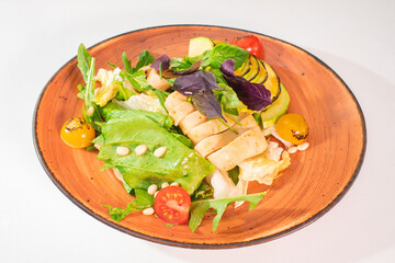Tasty salad with grilled squid and avocado on a white background