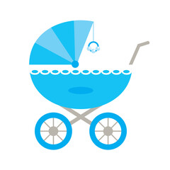 Blue baby stroller on a white background