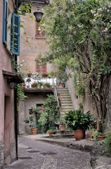 Fototapeta na wymiar A side street featuring plants and steps in in Garda, Lake Garda, Italy.