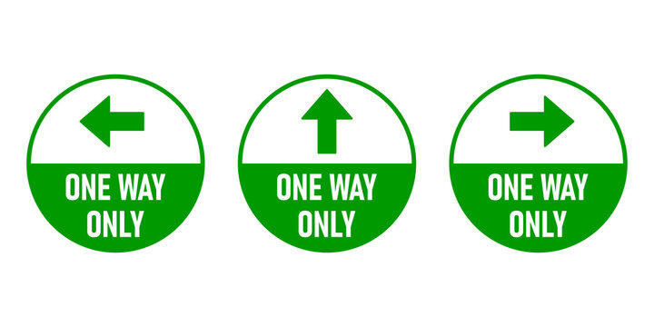 Set of One Way Only Round Floor Marking Sticker Icon with Direction Arrow and Text. Vector Image.