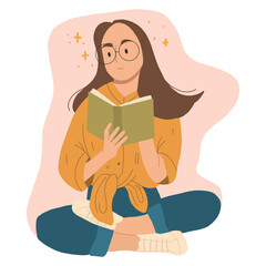 Girl who reading book sitting. Yong woman.Smiling and relaxing.Read more books concept.Hand drawn vector illustation.
