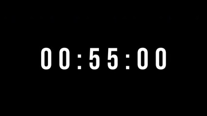 Digital countdown clock timer in one minute or 60 seconds to zero second. White text number on isolated black background. Element for overlay concept. 4K footage motion video