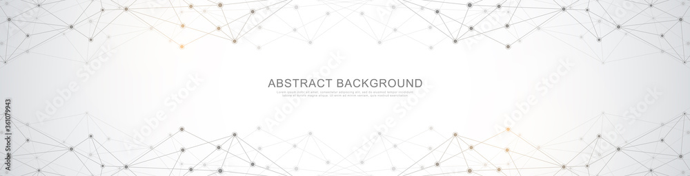 Fototapete Website header or banner design with abstract geometric background and connecting dots and lines. Global network connection. Digital technology with plexus background and space for your text.