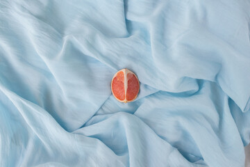 Blue installation - still life for blogger as blue background, modern art. Abstract with grapefruit...