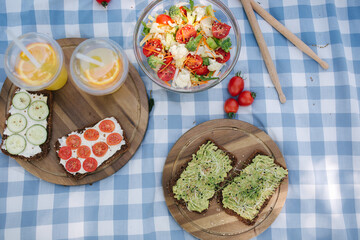 Top view of Picnic basket with healthy vegan sandwiches on blue checkered blanket in park. Fresh fruits, vegetables and orange juise. Vegan picnic concept