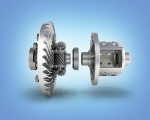 The differential gear in detal on blue gradient background 3d illustration