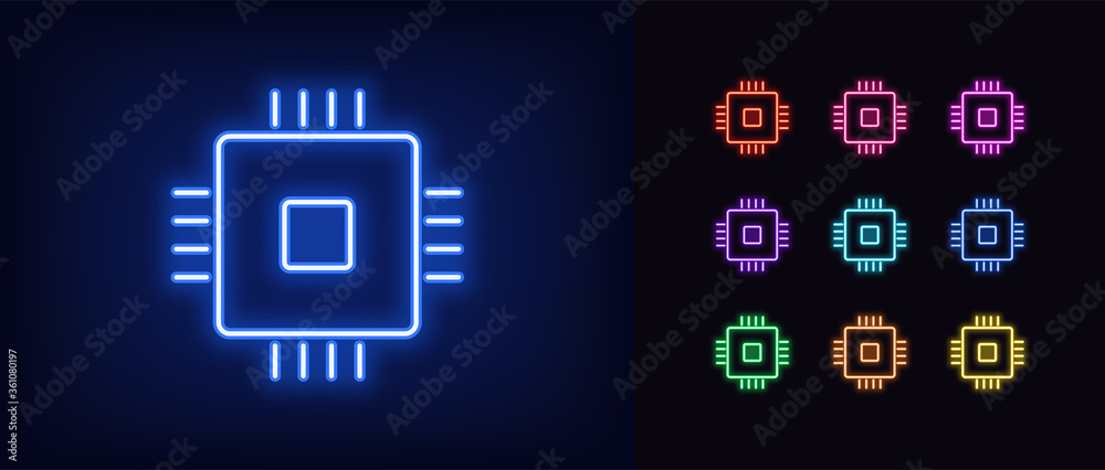Poster neon cpu icon. glowing neon microchip sign, set of isolated computing processor