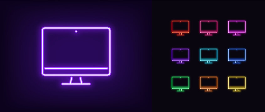 Neon monitor icon. Glowing neon computer sign, set of isolated display device