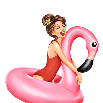 Beautiful girl with inflatable flamingo ring. Hand drawn summer illustration