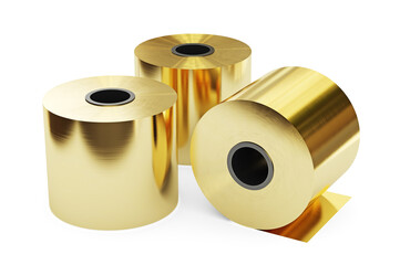 Brass foil in rolls, rolled metal product. Isolated, clipping path included. 