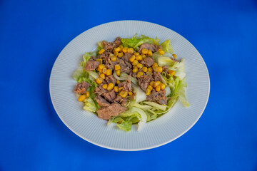 Top view tuna salad on blue background