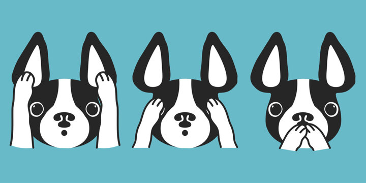 Three dogs vector character illustration. See no evil, hear no evil, speak no evil. French bulldog cartoon on blue background.
