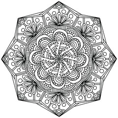 mandala with floral ornaments in folk style and linear figures drawn for coloring on a white background, vector