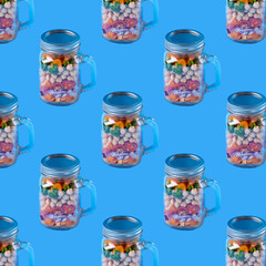 Seamless pattern with layered salad with chickpea in glass jar