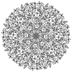 mandala with plants forming abstract ornaments drawn for coloring on a white background, vector