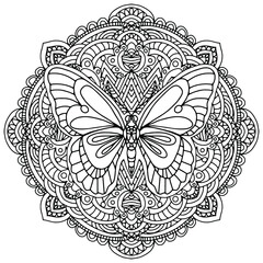 mandala with butterfly and floral ornaments folk style drawn for coloring on a white background, vector