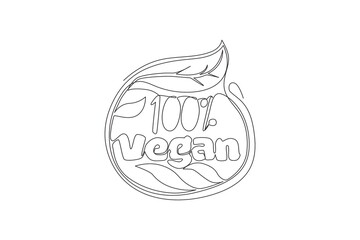 Naklejka premium Single continuous line drawing of eco natural and organic food typography quote - 100% Vegan. Calligraphic design for print, label, card, banner, poster. One line draw design vector illustration