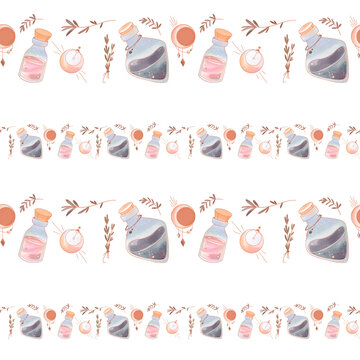 Mystery occult boho art deco witch's potions, moon seamless pattern. Textural watercolor digital art on a white background. Print for wrapping paper, stationery, tattoo, cover, wallpaper, fabric