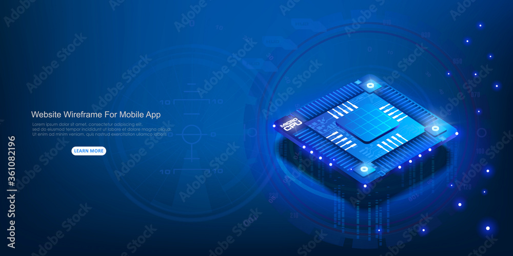 Poster futuristic neon microprocessor on blue background. microchip for data exchange. powerful computing p