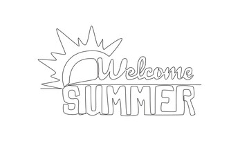 Single continuous line drawing of cute cool greeting typography quote - Welcome Summer. Calligraphic design for print, greeting card, banner, poster. One line graphic draw design vector illustration