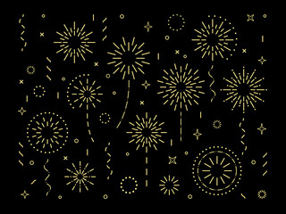 Abstract gold burst pattern fireworks set. Art deco star shaped firework pattern collection isolated on black background with rays and trails. Carnival celebration firecracker explosion, - obrazy, fototapety, plakaty