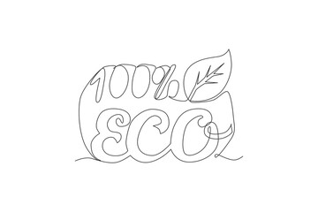 One continuous line drawing of natural and organic food typography quote - 100% Eco. Calligraphic design for print, card, label, banner, poster. Single line graphic draw design vector illustration