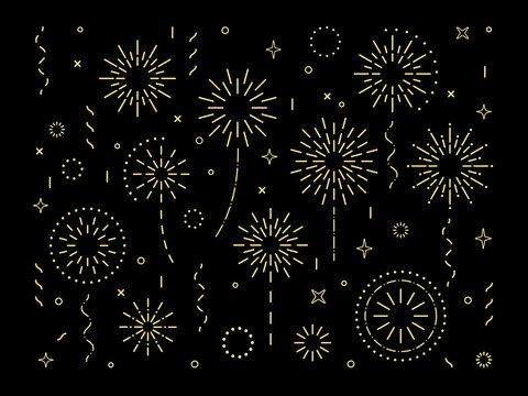 Abstract Gold Burst Pattern Fireworks Set. Art Deco Star Shaped Firework Pattern Collection Isolated On Black Background With Rays And Trails. Carnival Celebration Firecracker Explosion,