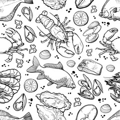 Vector illustration of seafood seamless pattern with edible marine animals, lemon and spices.