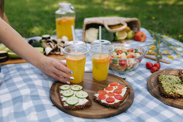 Woman take fresh orange juice on vegan picnic outdoors, Picnic on blue checkered blanket in park. Vegan food concept