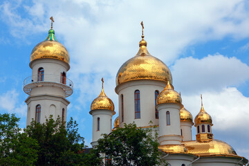 Golden Domes of Russian orthodox Church . Cupola with Cross on the Top 