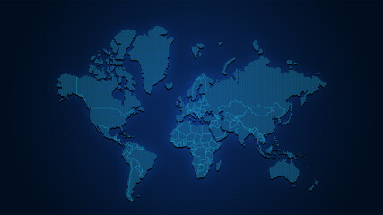 World blue glowing neon map with dots pattern and countries borders