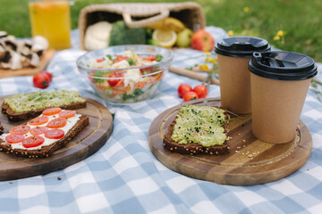 Coffee on vegan picnic. Fresh salad with vegan sanwich on blue checkered blanket in park