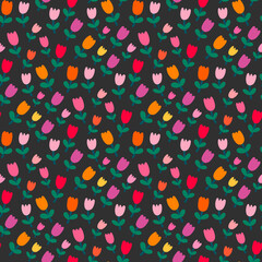 Garden of tulips hand drawn vector seamless pattern in cartoon comic abstract style