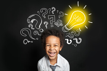 Lightbulb, question marks and smart laughing child. Brainstorming and idea concept
