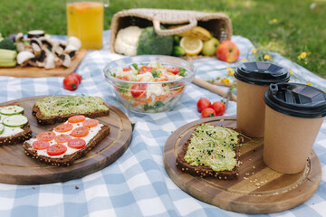 Coffee on vegan picnic. Fresh salad with vegan sanwich on blue checkered blanket in park